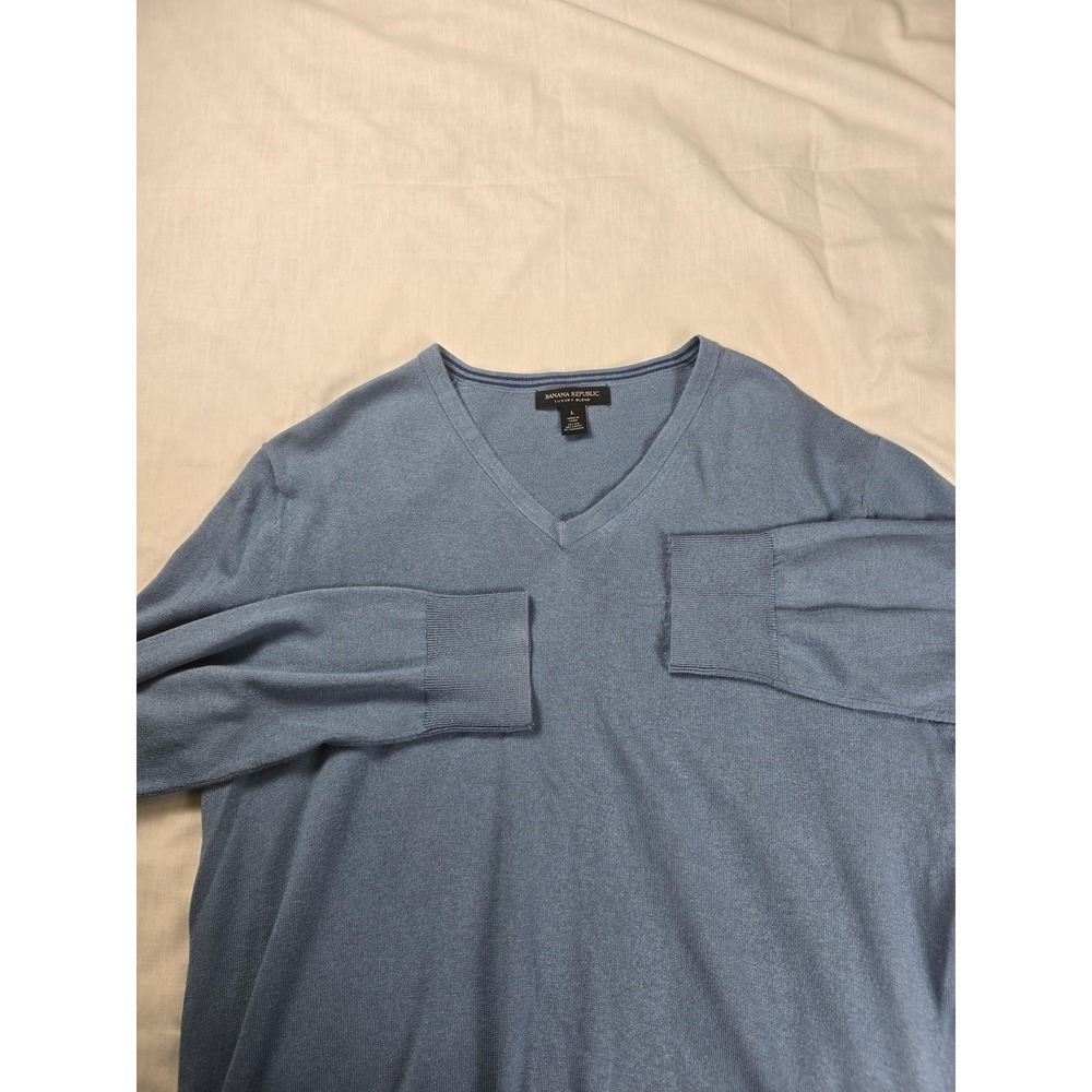 Banana Republic Sweater Mens Large Blue Silk Cotton‎ Cashmere V Neck Knit Blend
